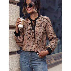 Animal Print Contrast Trim Tie Front Blouse